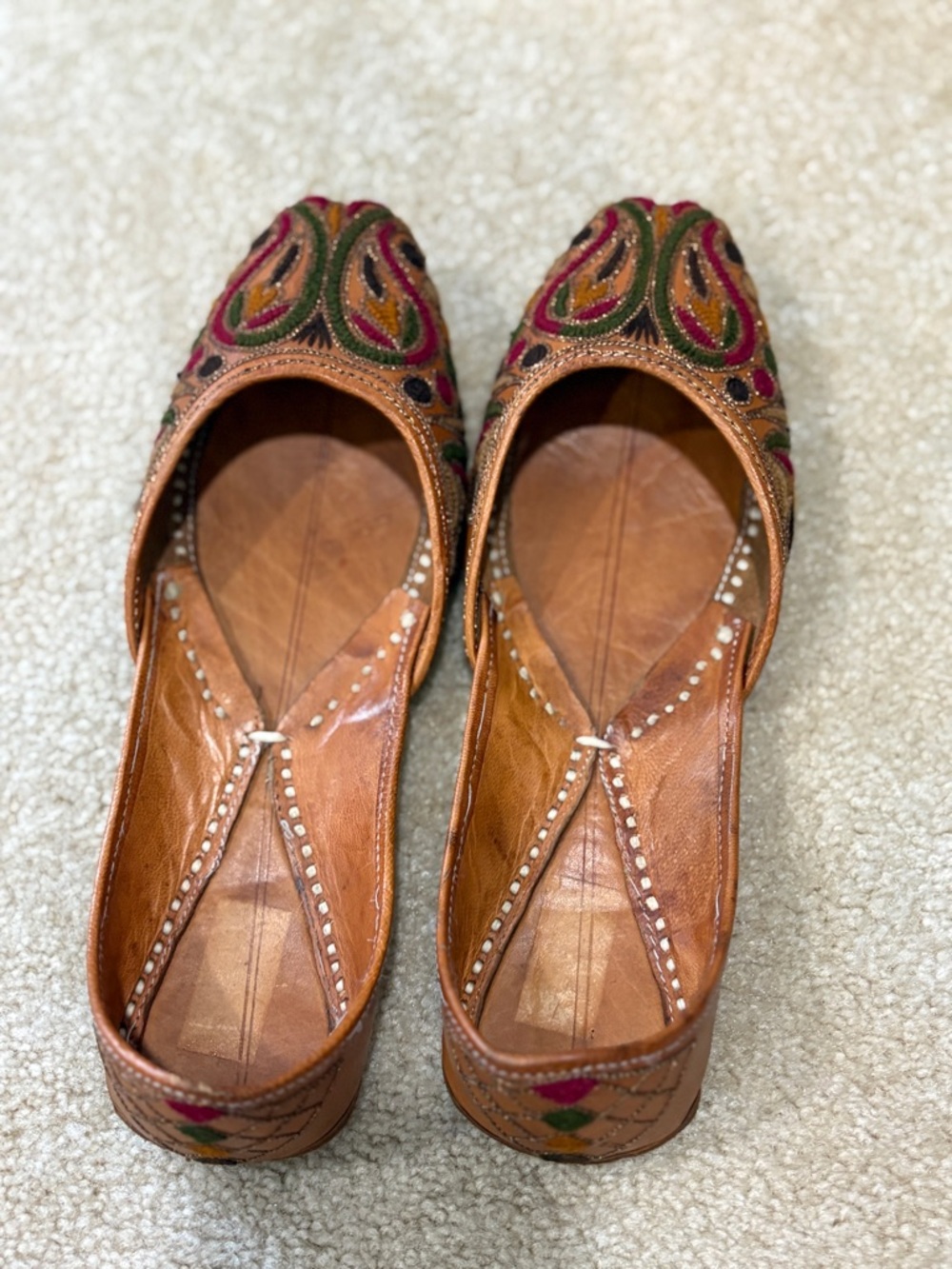 Source Unknown Brown Leather Jutti with Pink, Green & Gold Embroidery